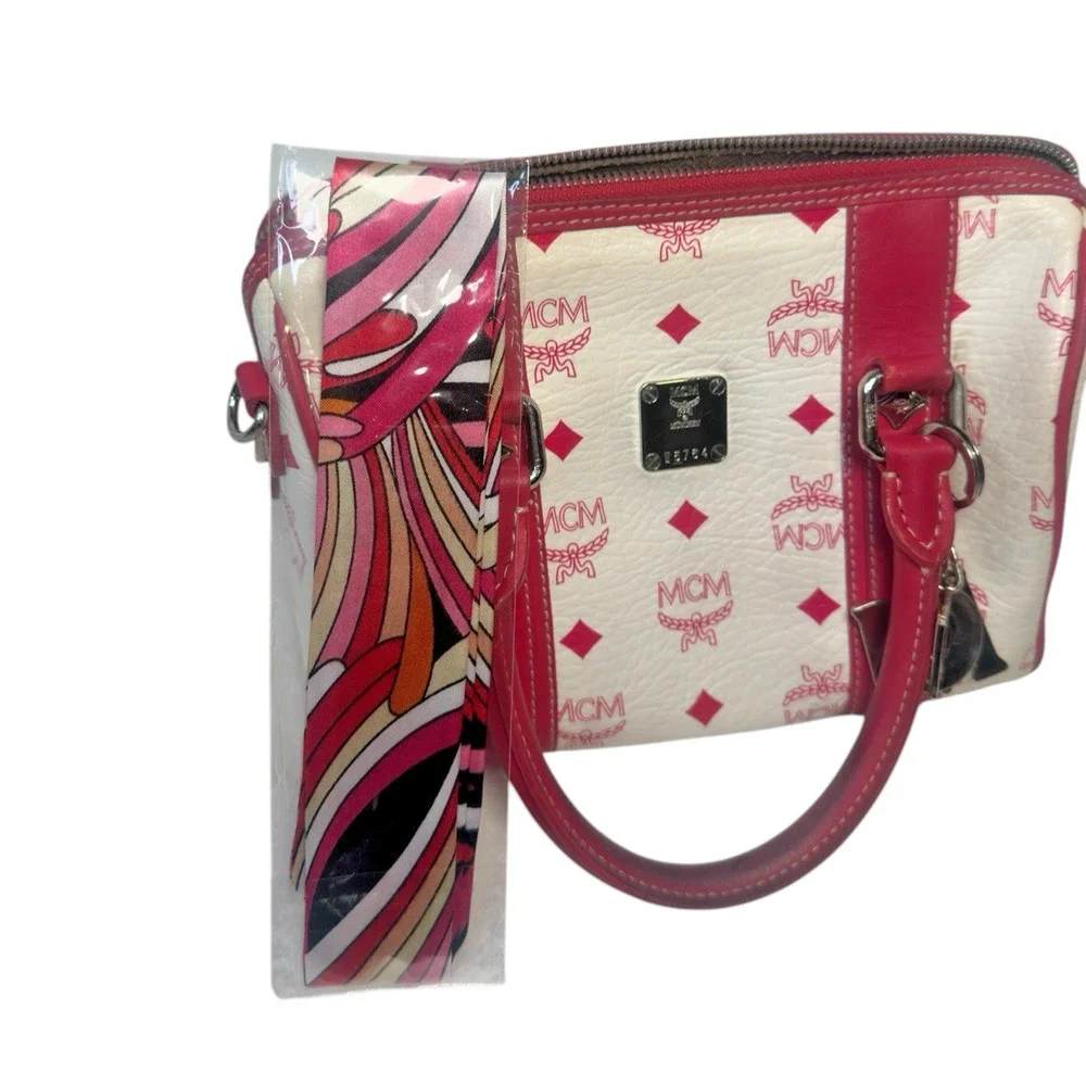 MCM Small Boston bag White Pink Visetos Satchel with Charm~Chain strap~Twilly